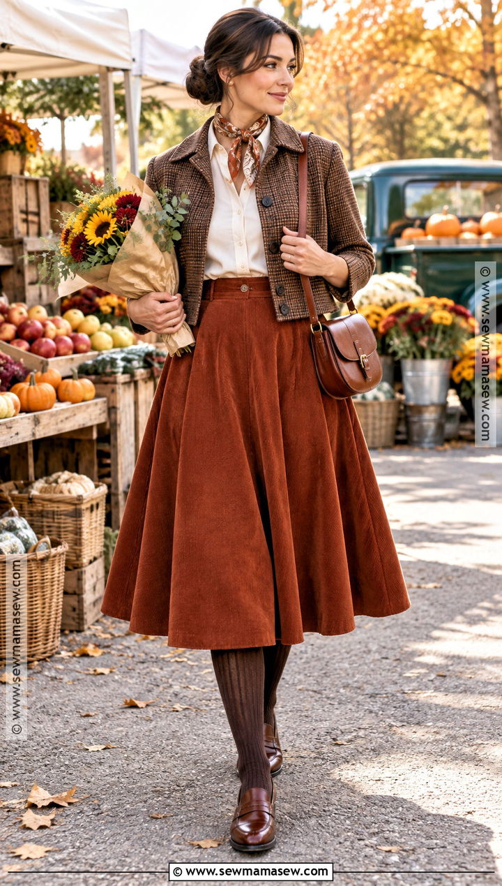 1950s Fall Corduroy Skirt Outfit - 15 vintage fall fashion 1950s ideas