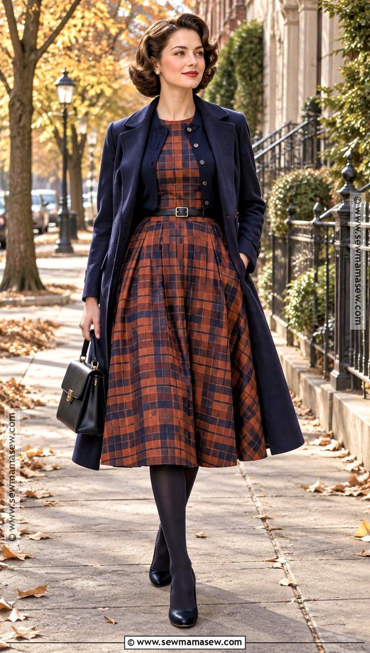 1950s Fall Plaid Dress Outfit - 15 vintage fall fashion 1950s ideas