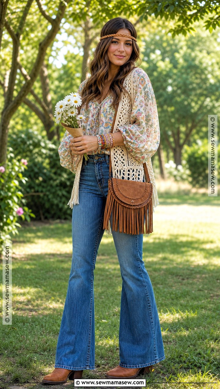 1960s Flower Child Costume With Flared Jeans - 30 retro halloween costumes