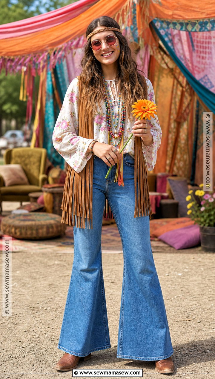 1960s Hippie Costume With Bell Bottom Jeans - 45 easy last minute halloween costumes
