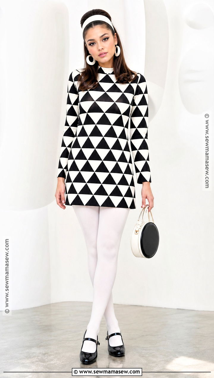 1960s Mod Costume With Geometric Mini Dress - 30 Solo Halloween Costumes Women Brunette