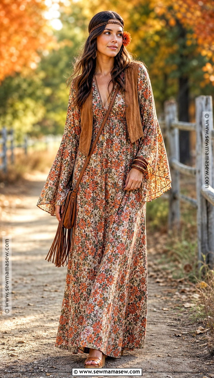 1970s Boho Costume With Floral Maxi Dress - 30 retro halloween costumes