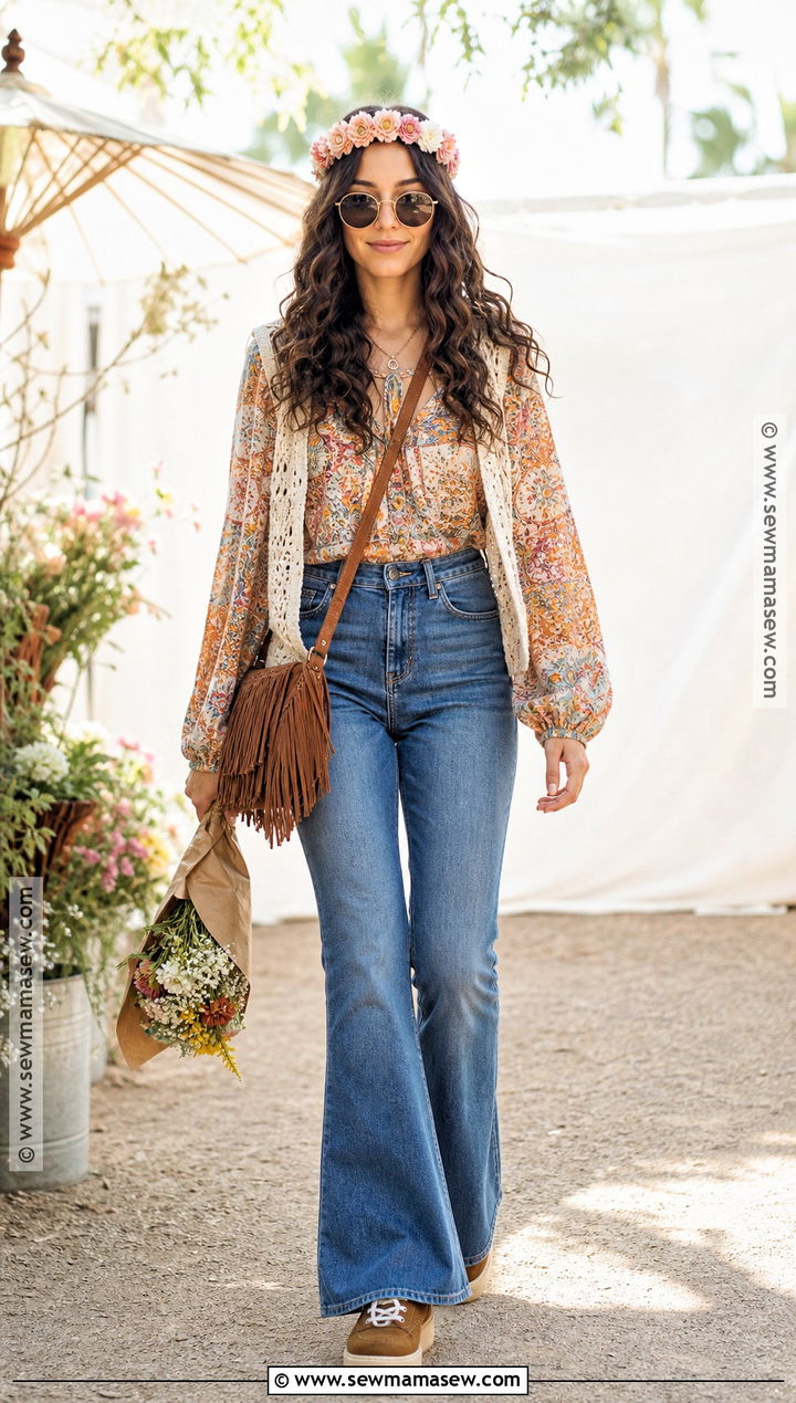 1970s Flower Child Costume With Flared Jeans - 35 curly hair halloween costume ideas