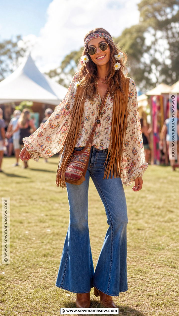 1970s Flower Child Costume With Flared Jeans - 30 Cute And Easy Halloween Costumes