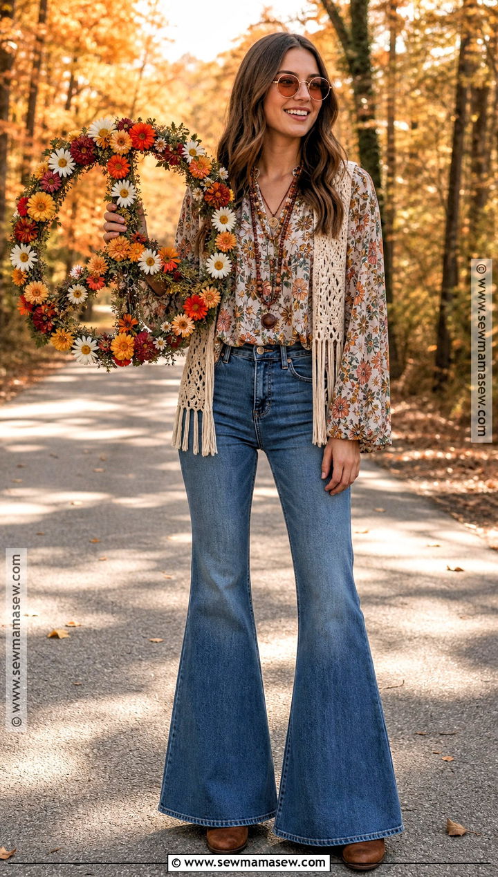 1970s Hippie Costume With Bell Bottom Jeans - 50 costume ideas for women