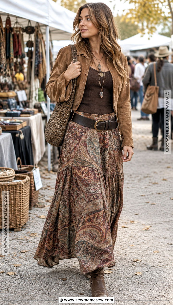 2000s Boho Skirt And Suede Jacket Outfit - 20 2000S Fall Outfits Aesthetic