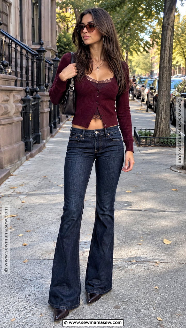 2000s Flare Jeans And Cropped Cardigan Outfit - 20 2000S Fall Outfits Aesthetic