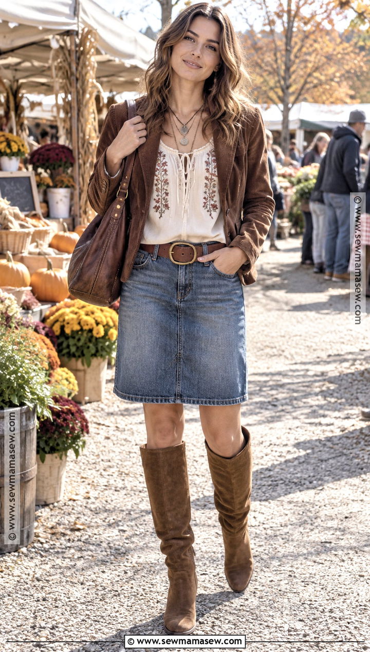 2000s Peasant Blouse And Denim Skirt Outfit - 25 2000s autumn outfits