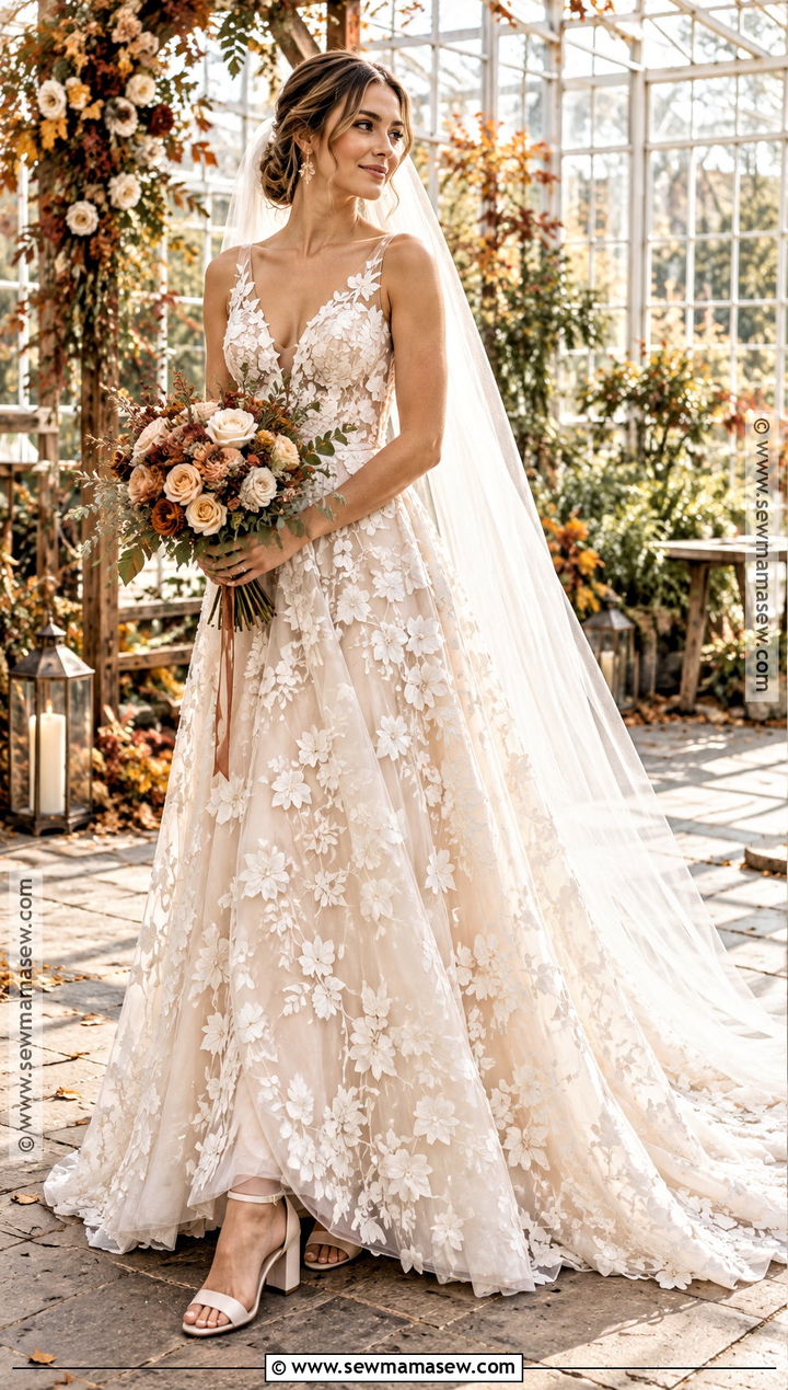 3D Floral A Line Fall Wedding Dress - 15 Fall Theme Wedding Dress Ideas