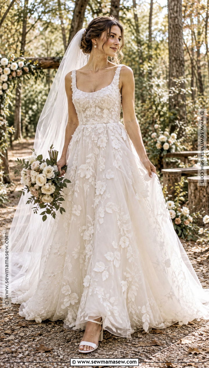 3D Floral Fall Wedding Dress - 20 romantic fall wedding dress ideas