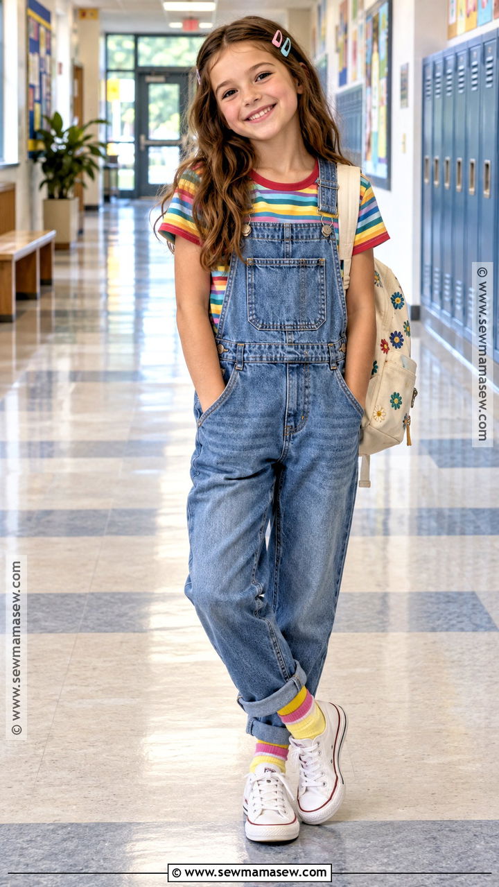 4th Grade Striped T Shirt And Denim Overalls Outfit - 20 back to school outfits 4th grade for girls
