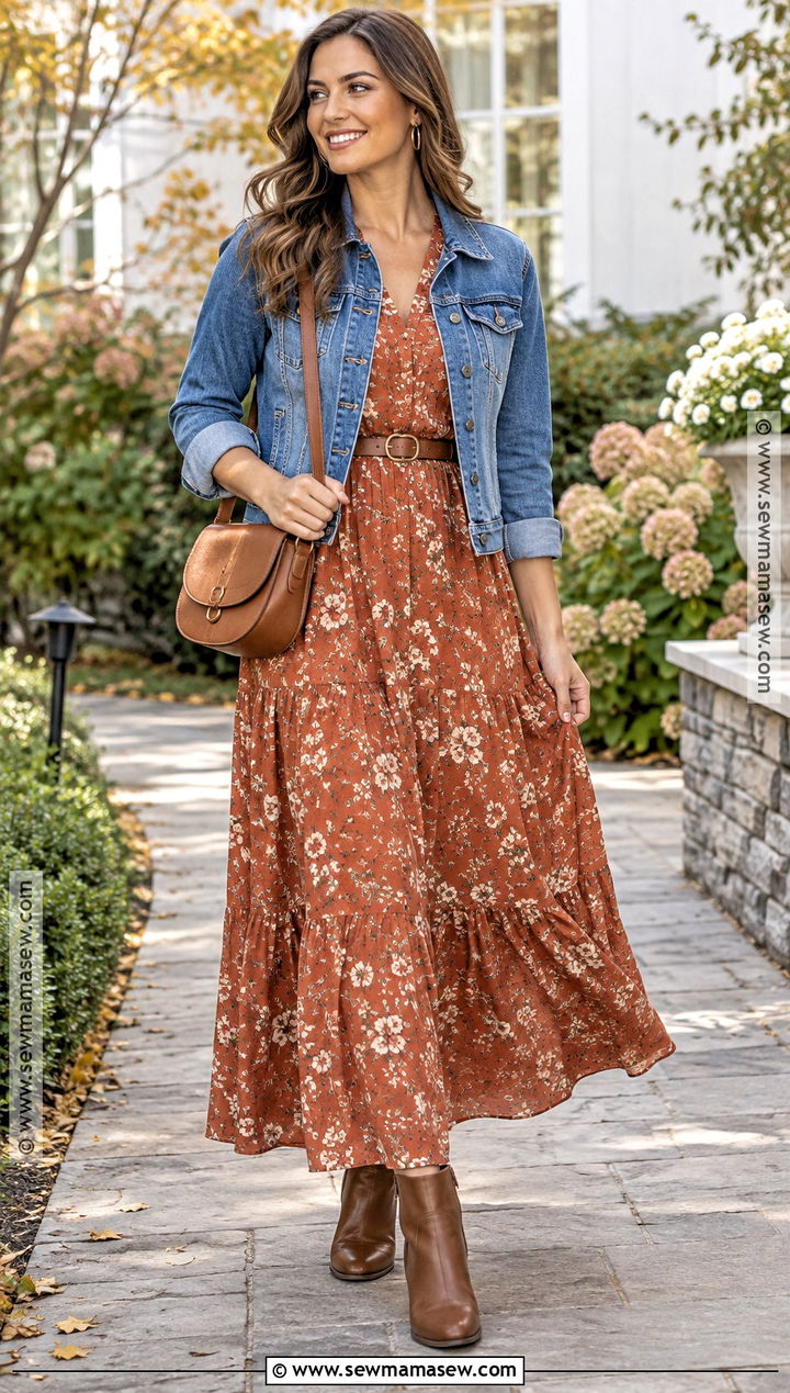 60 Degree Fall Outfit With A Maxi Dress And Denim Jacket - 25 60 degree weather outfit fall ideas