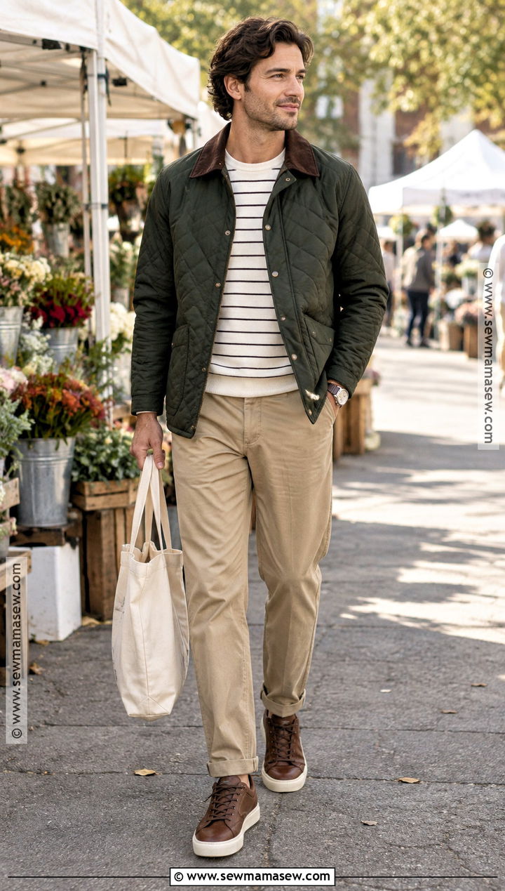 60 Degree Fall Outfit With Quilted Jacket And Chinos - 20 60 degree weather outfit fall casual ideas