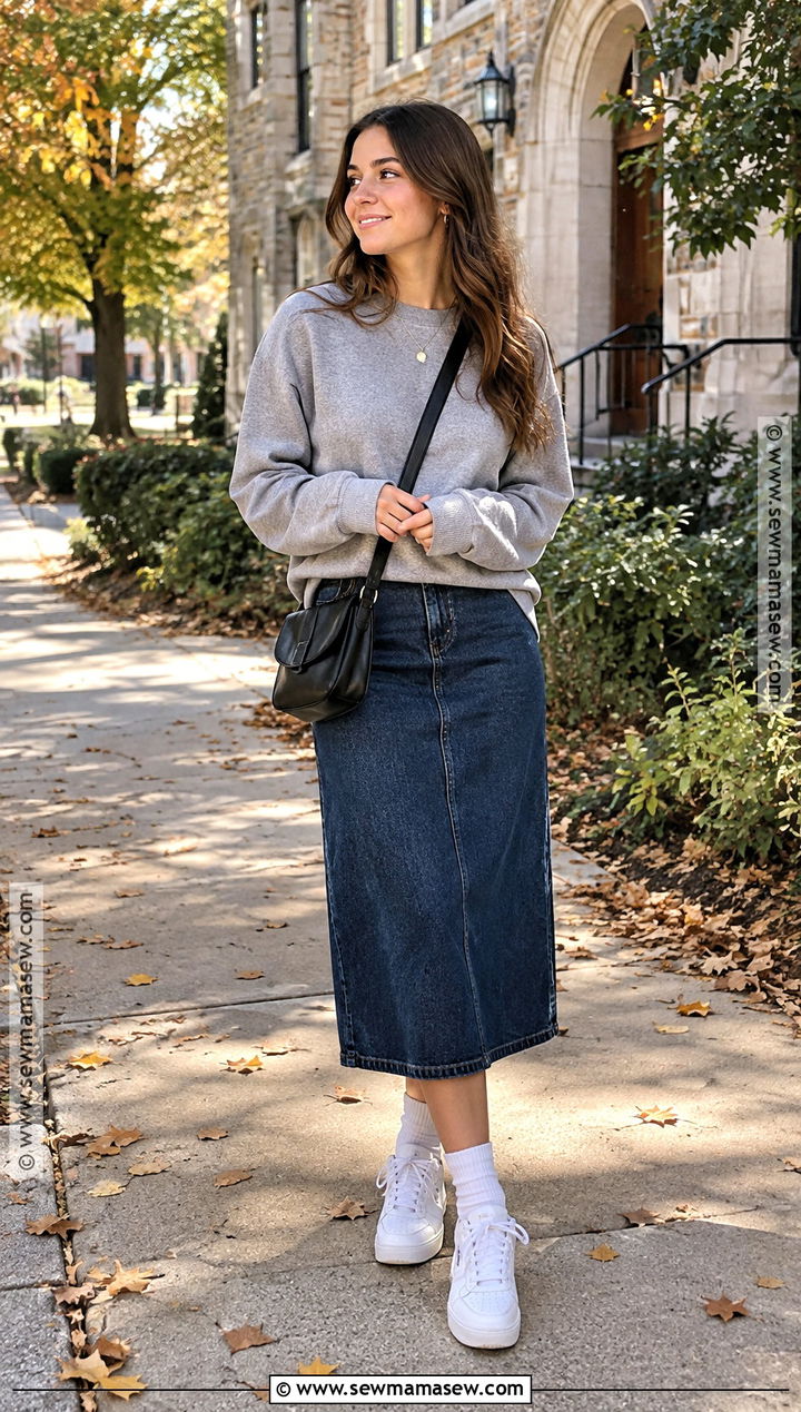 60 Degree Fall Outfit With Sweatshirt And Midi Skirt - 20 60 degree weather outfit fall casual ideas