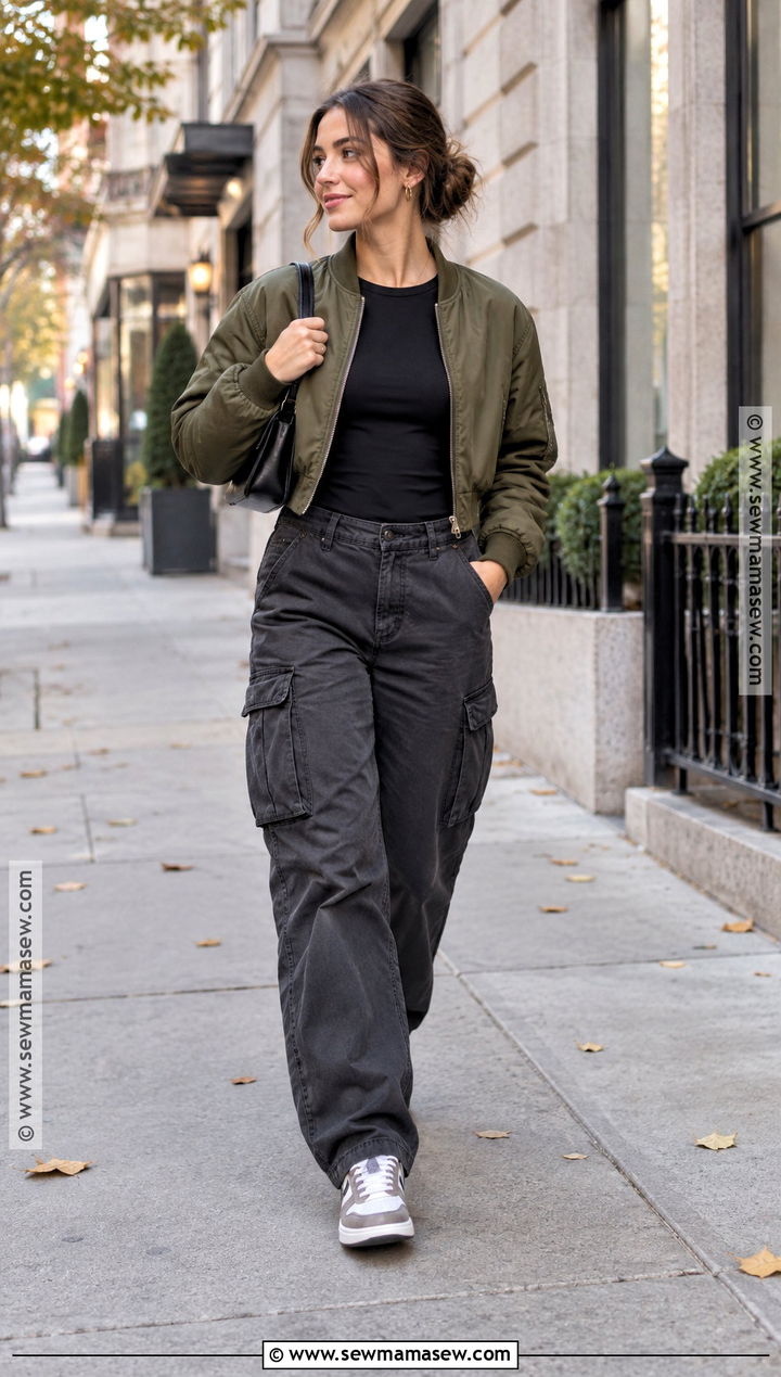 70 Degree Fall Outfit With A Bomber Jacket And Cargo Pants - 25 70 degree weather outfit fall ideas