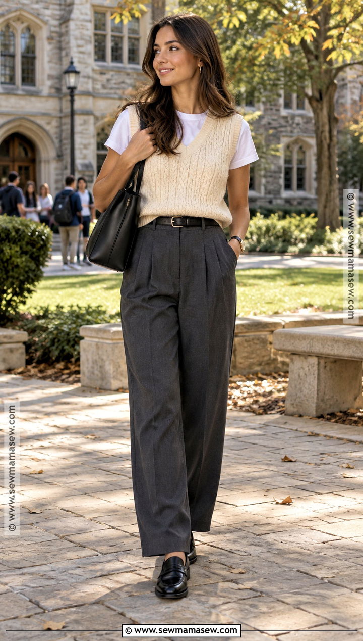 70 Degree Fall Outfit With A Knit Vest And Trousers - 25 70 degree weather outfit fall ideas