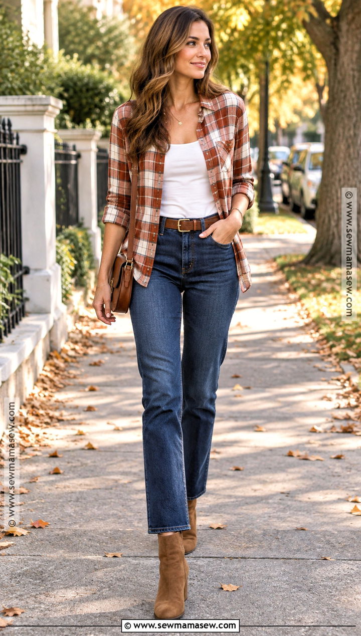 70 Degree Fall Outfit With A Plaid Shirt And Straight Leg Jeans - 20 70 Degree Fall Weather Outfit Ideas