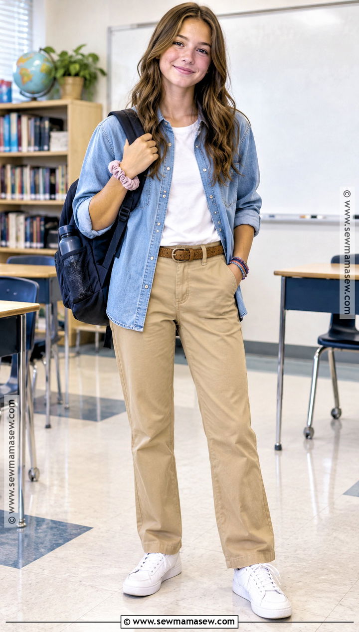 7th Grade Denim Shirt And Khaki Pants Outfit - 20 Back To School Outfits For 7Th Grade
