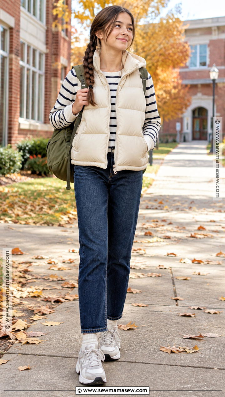 7th Grade Puffer Vest And Straight Jeans Outfit - 20 Back To School Outfits For 7Th Grade