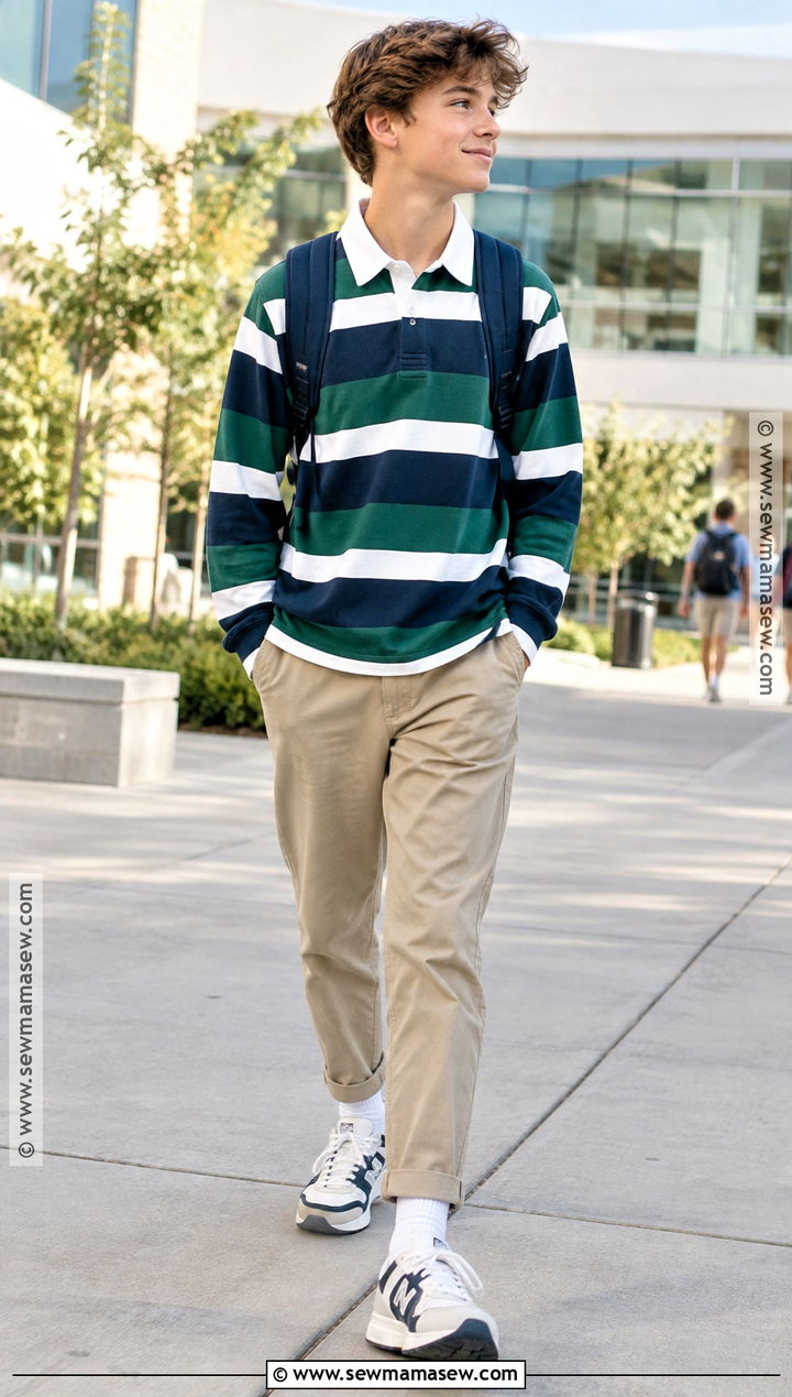 7th Grade Rugby Shirt And Relaxed Pants Outfit - 20 Back To School Outfits For 7Th Grade