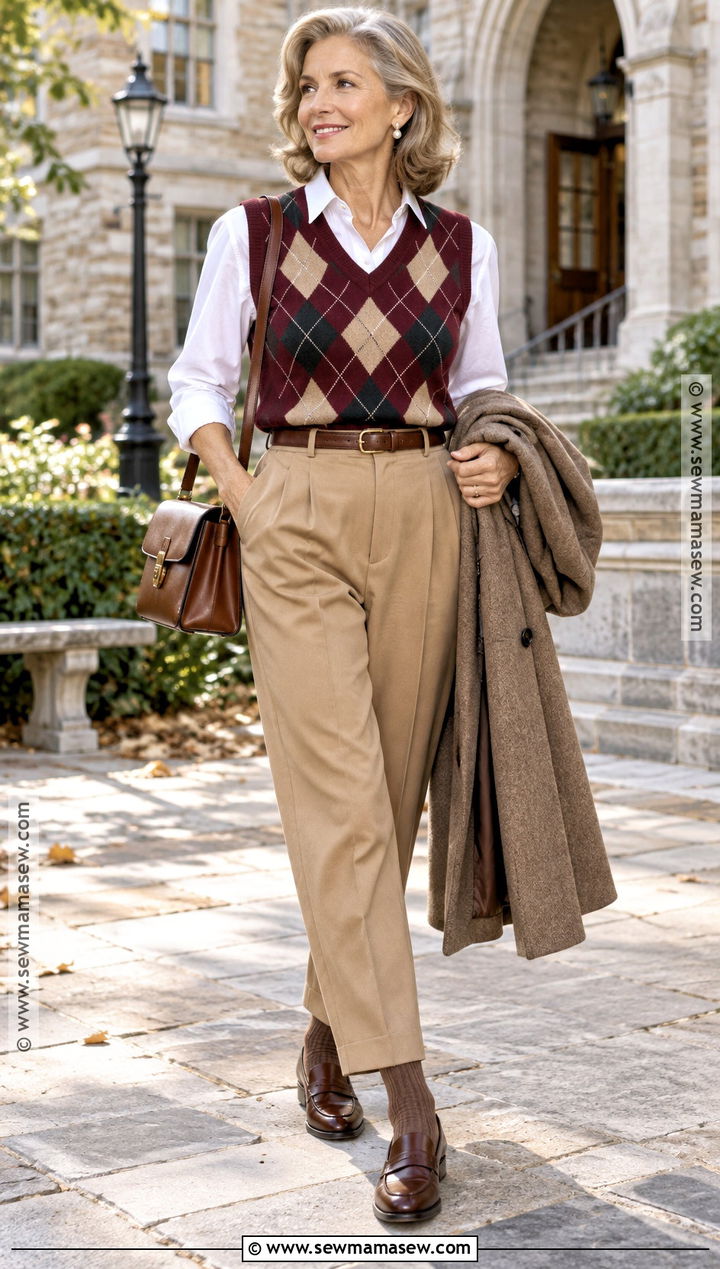 80s Argyle Sweater Vest And Pleated Trousers Outfit - 20 80s autumn outfits