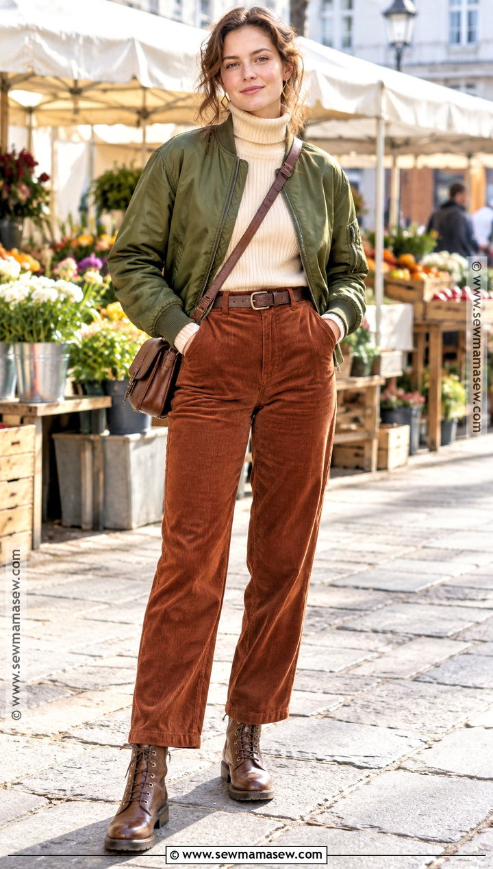 80s Bomber Jacket And Corduroy Pants Outfit - 20 80s autumn outfits