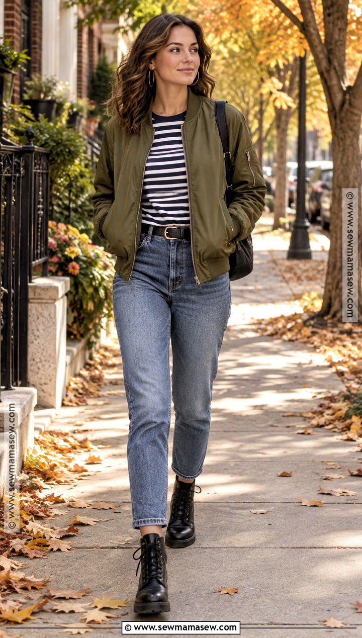 80s Fall Outfit With Bomber Jacket And High Waisted Jeans - 20 80s fall outfits