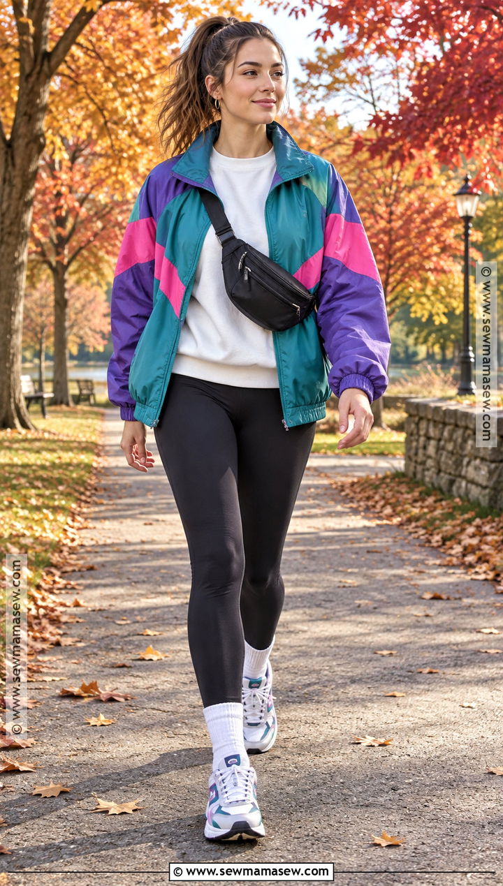 80s Fall Outfit With Color Block Windbreaker And Leggings - 20 80s fall outfits