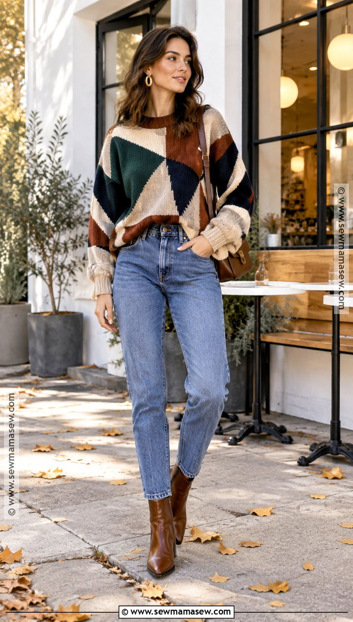 80s Fall Outfit With Graphic Sweater And Tapered Jeans - 20 80s fall outfits