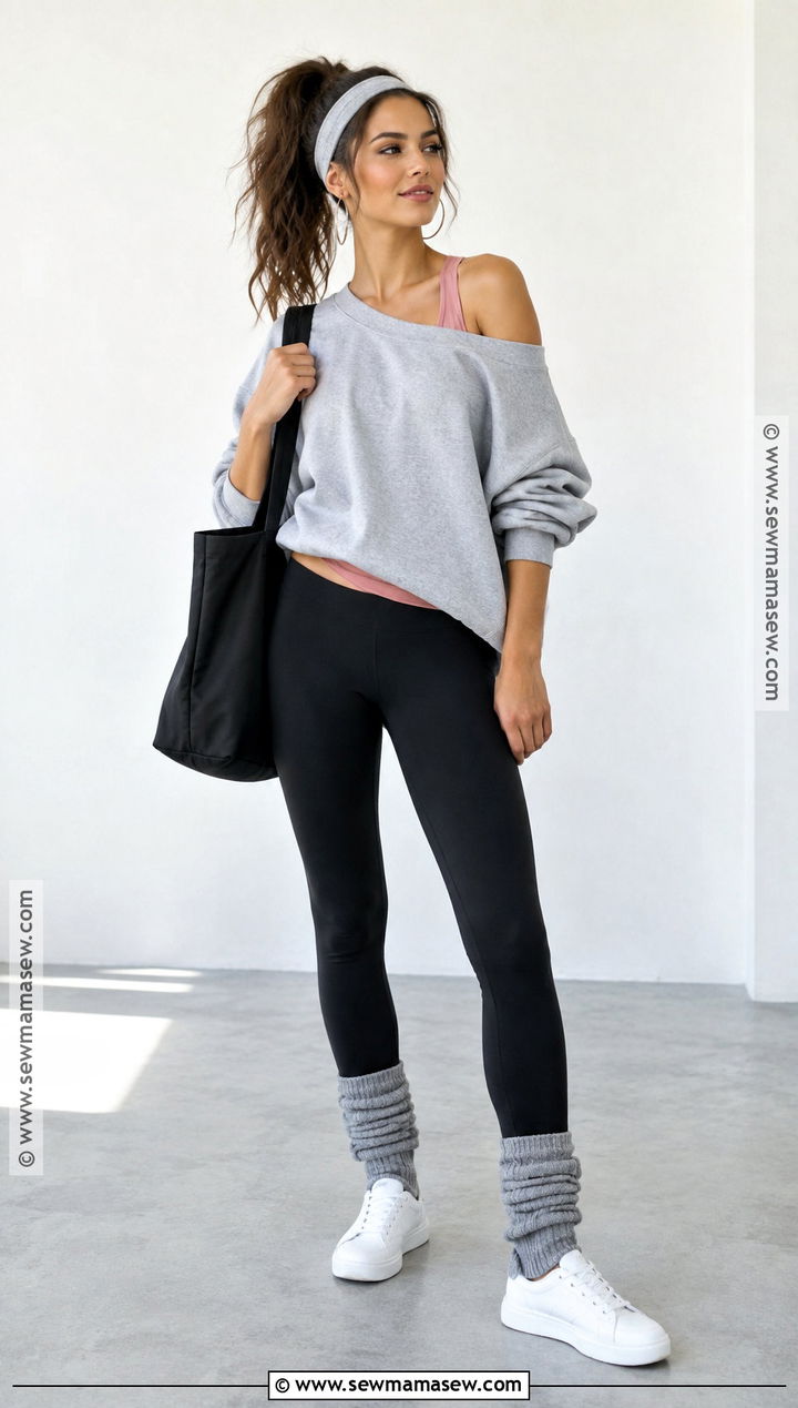 80s Fall Outfit With Off Shoulder Sweatshirt And Leg Warmers - 20 80s fall outfits