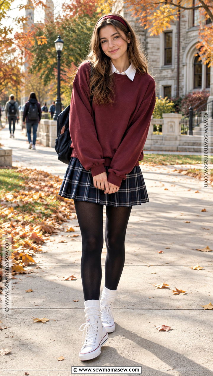 80s Fall Outfit With Varsity Sweatshirt And Pleated Skirt - 20 80s fall outfits