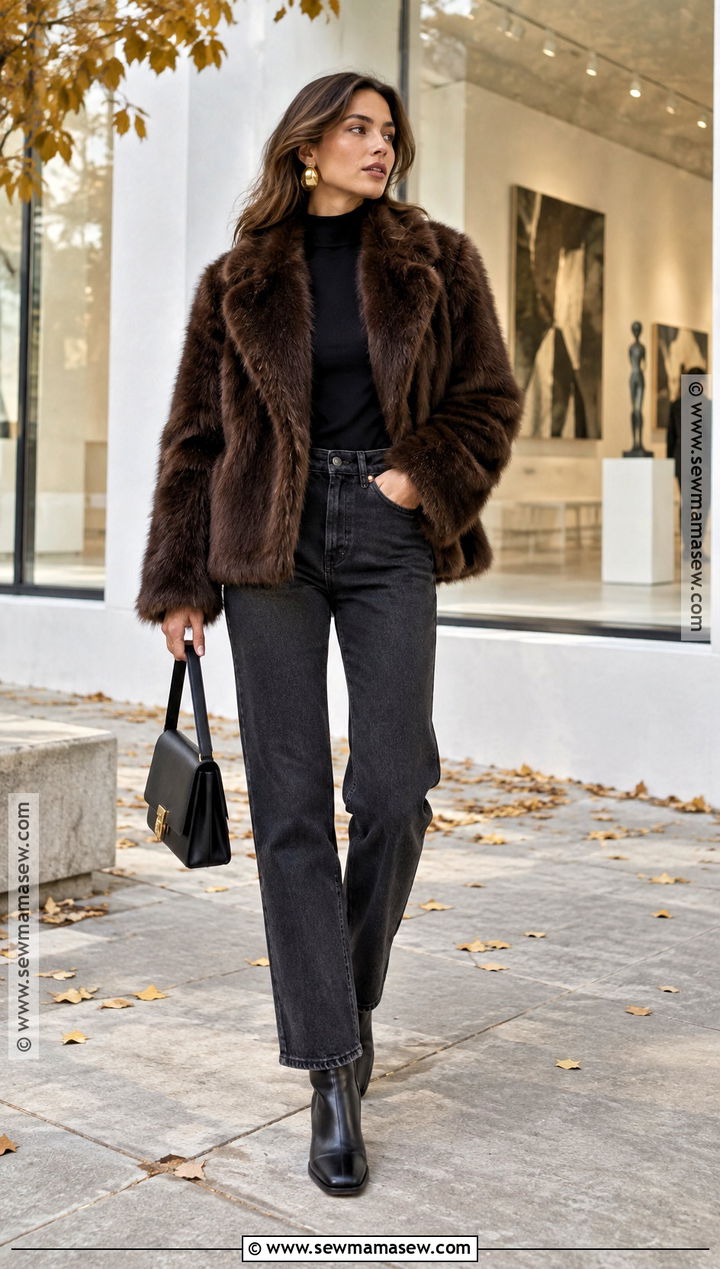 80s Faux Fur Coat And Straight Jeans Outfit - 15 80s outfits fall