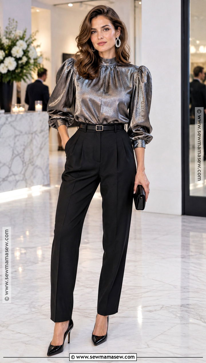 80s Metallic Blouse And Tailored Trousers Outfit - 20 80s autumn outfits