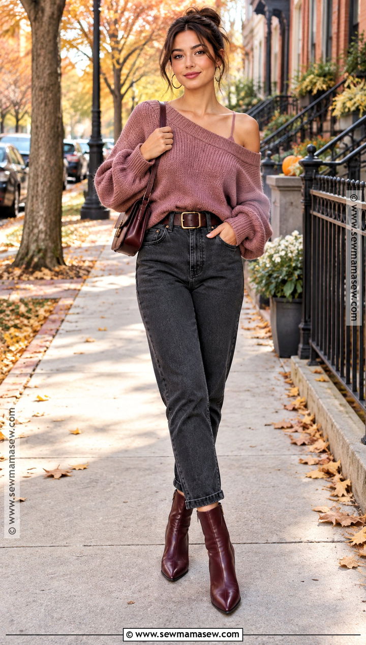 80s Off Shoulder Sweater And High Waisted Jeans Outfit - 20 80s autumn outfits