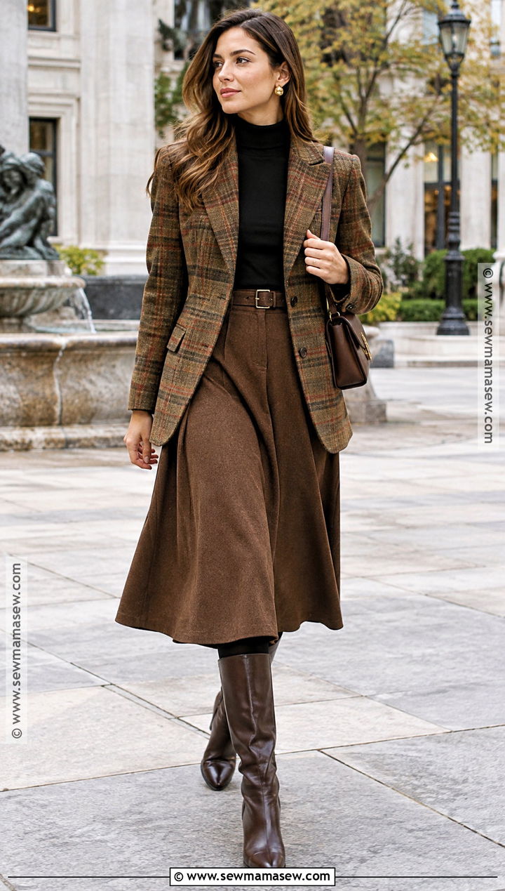 80s Plaid Blazer And Midi Skirt Outfit - 20 80s autumn outfits
