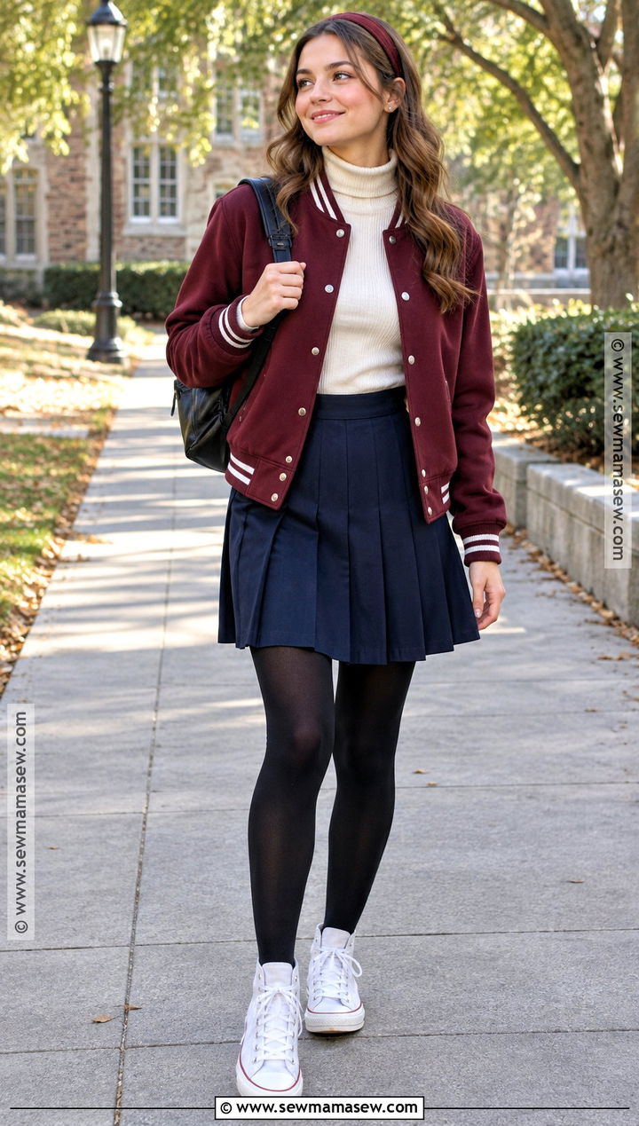 80s Varsity Jacket And Pleated Skirt Outfit - 20 80s autumn outfits