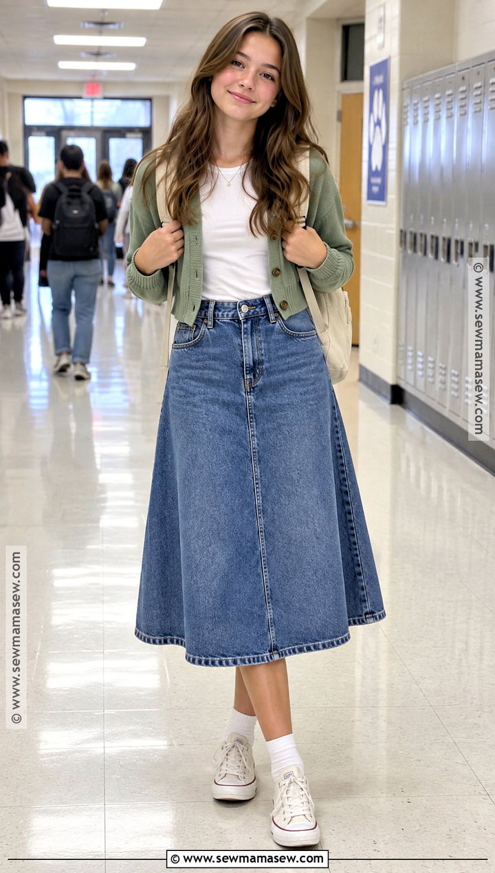 8th Grade Denim Midi Skirt And T Shirt Outfit - 20 back to school fits 8th grade