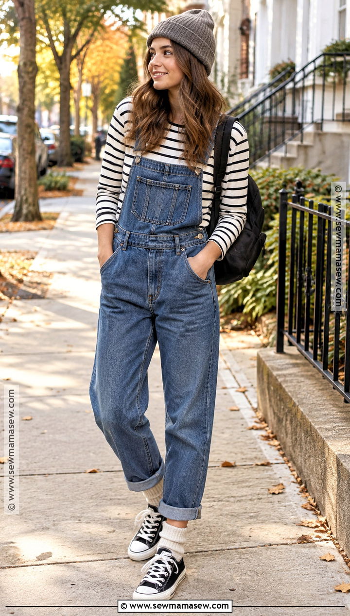 90s Autumn Denim Overalls And Striped Shirt Outfit - 25 90s autumn fashion ideas