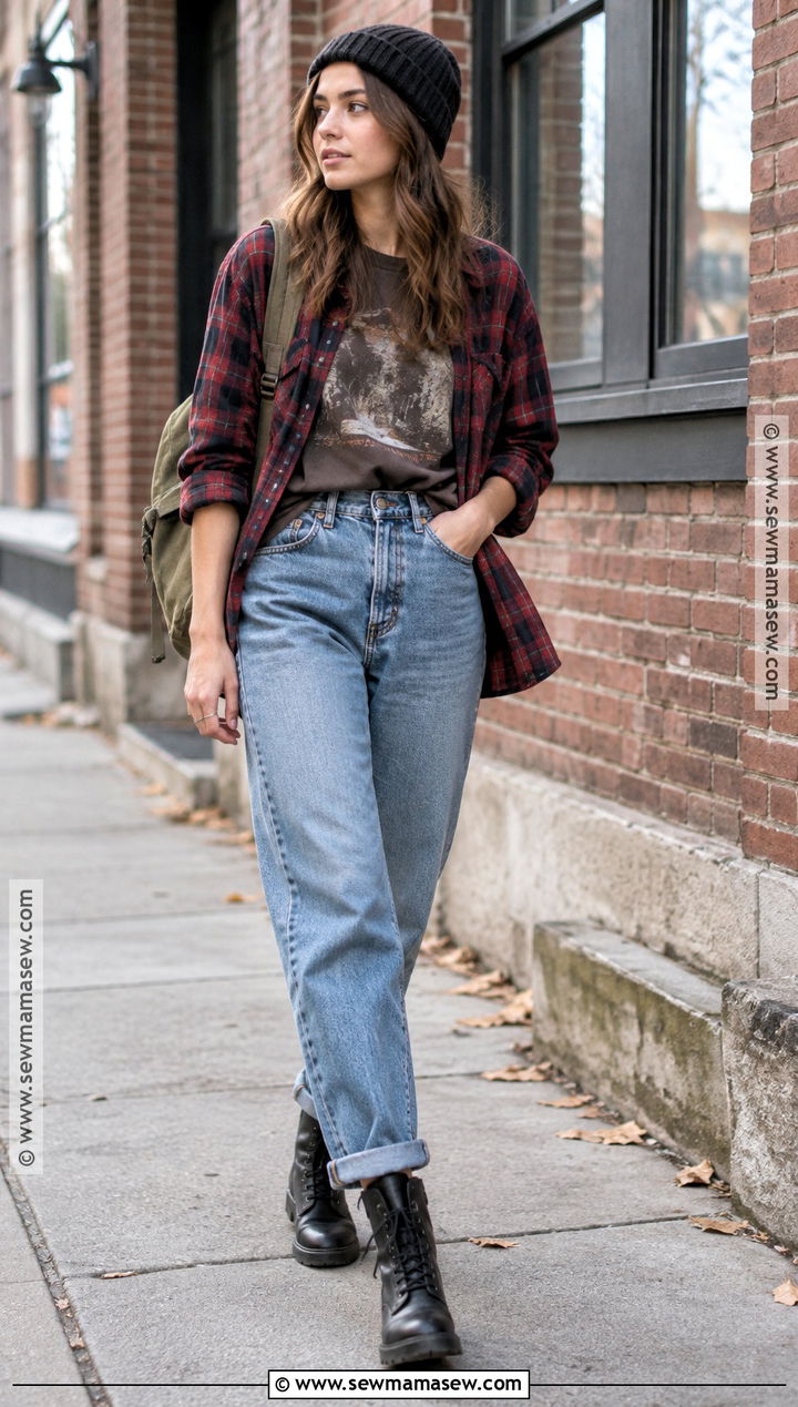 90s Autumn Flannel Shirt And Mom Jeans Outfit - 25 90s autumn fashion ideas