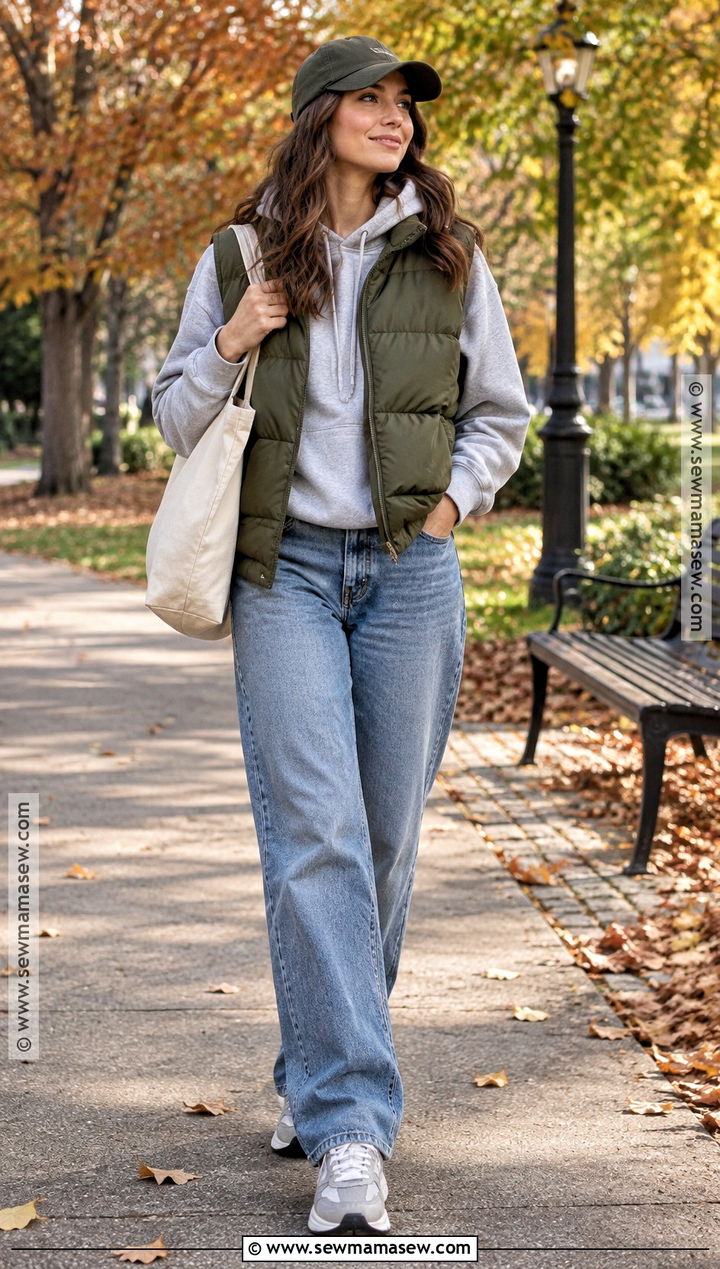 90s Autumn Puffer Vest And Relaxed Jeans Outfit - 25 90s autumn fashion ideas