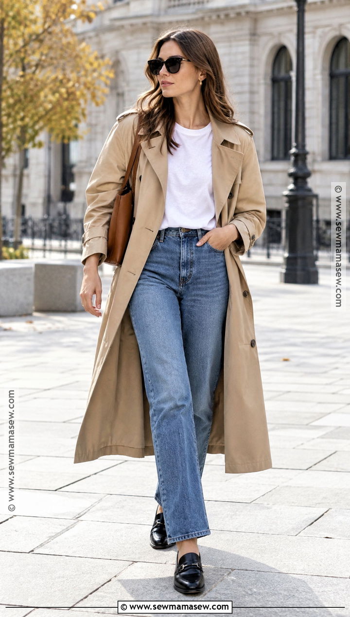 90s Autumn Trench Coat And Blue Jeans Outfit - 25 90s autumn fashion ideas