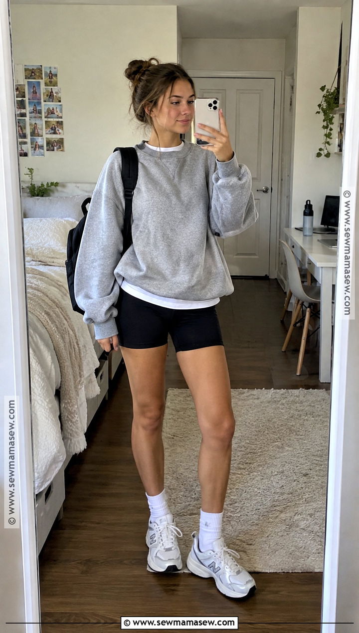 90s Bike Shorts And Oversized Sweatshirt Outfit - 15 90S Back To School Outfits