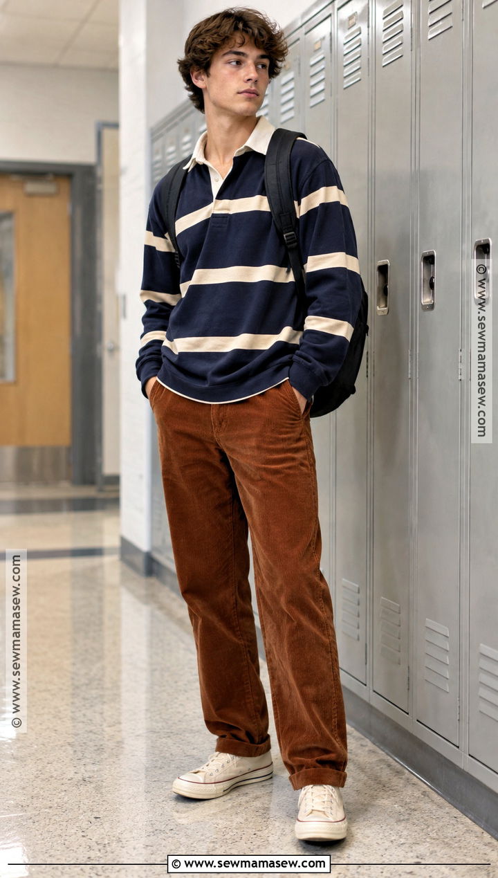 90s Corduroy Pants And Rugby Shirt Outfit - 15 90S Back To School Outfits