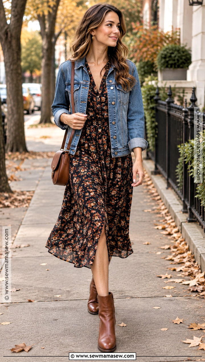 90s Denim Jacket And Floral Dress Outfit - 25 90s fall outfits