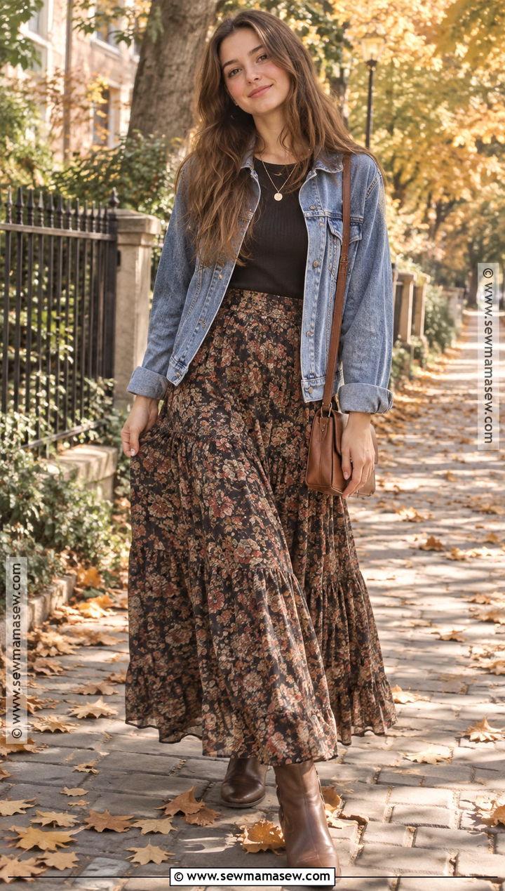 90s Denim Jacket And Maxi Skirt Outfit - 15 90s fall style ideas