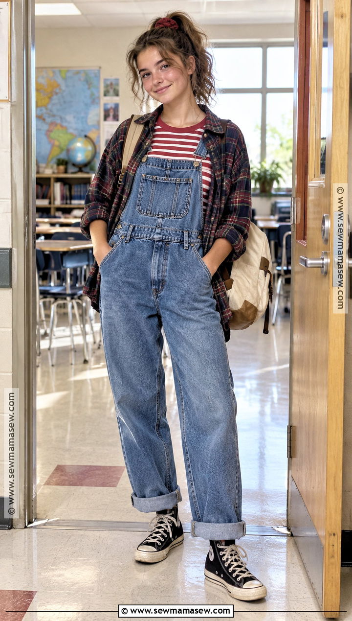 90s Denim Overalls And Striped Tee Outfit - 15 90S Back To School Outfits