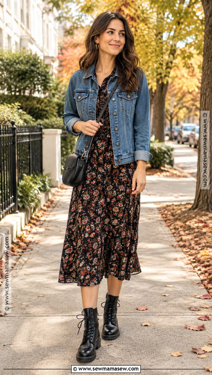 90s Fall Denim Jacket And Floral Dress Outfit - 20 90s fall fashion outfits