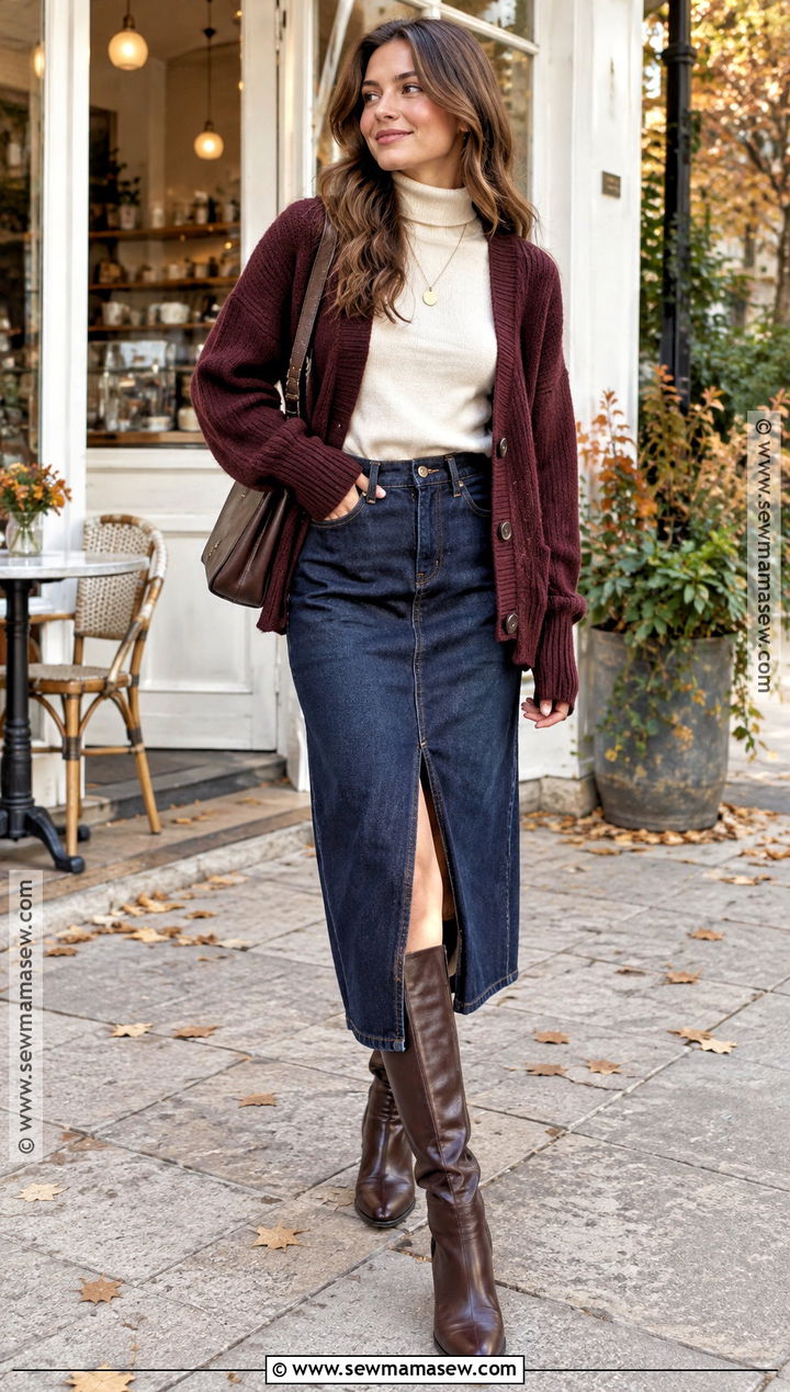 90s Fall Denim Skirt And Chunky Cardigan Outfit - 20 90s fall fashion outfits
