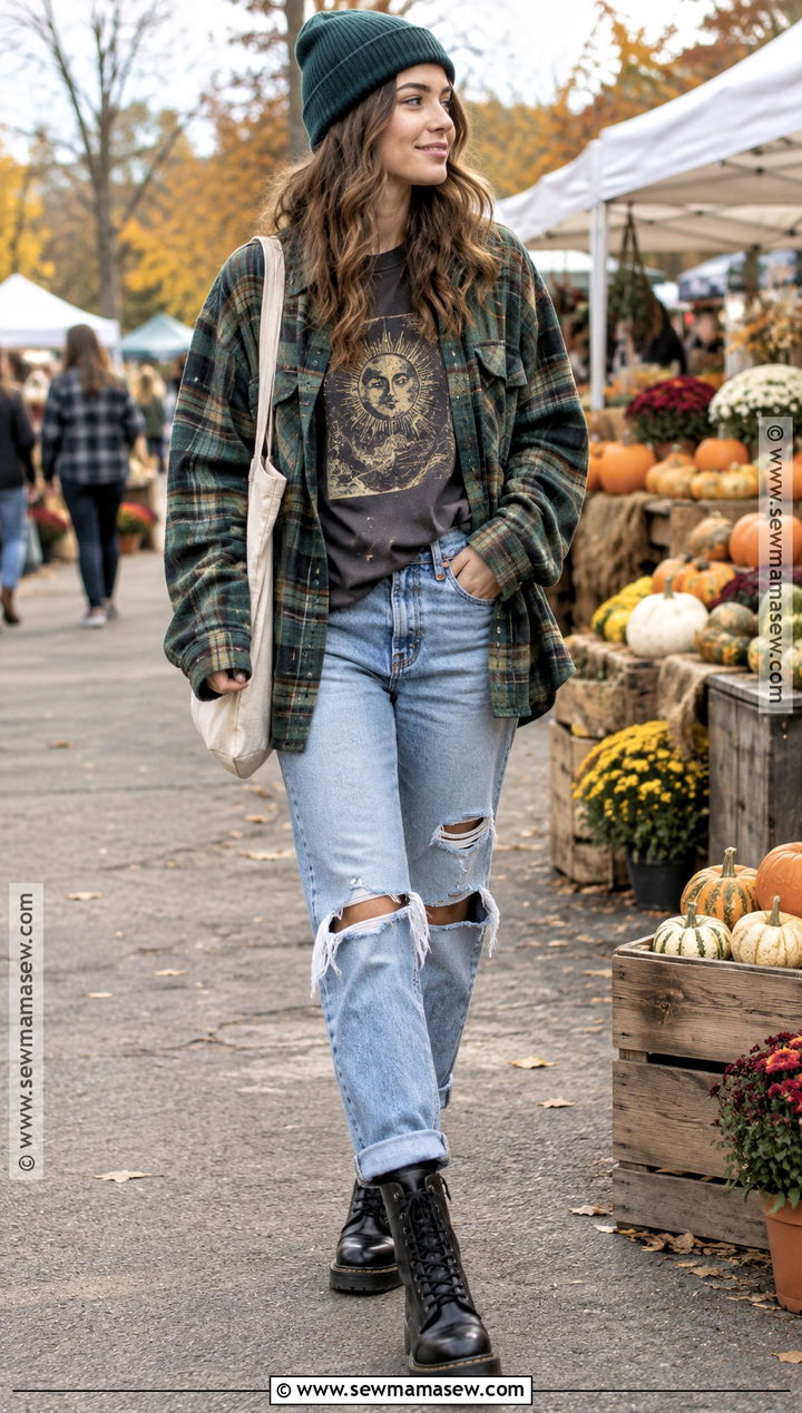 90s Fall Flannel Shirt And Ripped Jeans Outfit - 20 90s fall fashion outfits