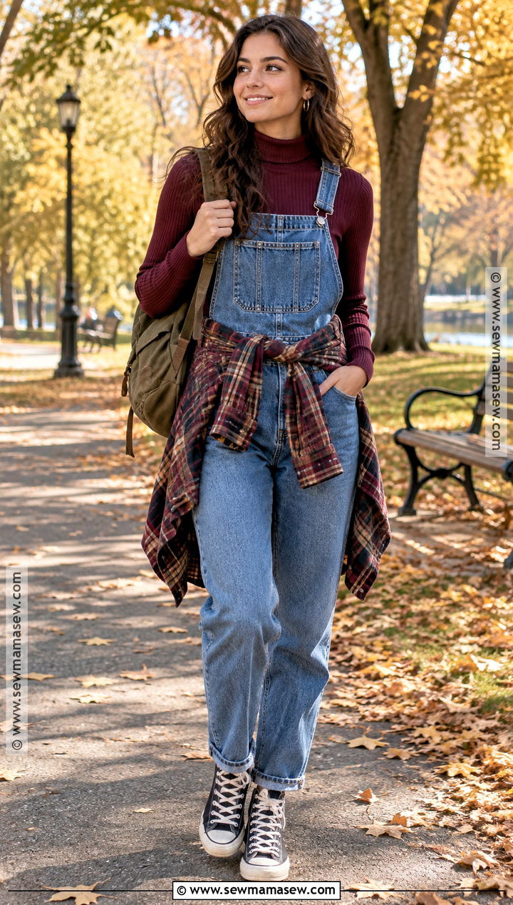 90s Fall Turtleneck And Denim Overalls Outfit - 20 90s fall fashion outfits